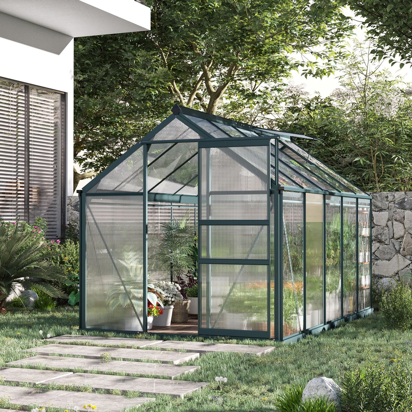Polycarbonate Greenhouse with Rain Gutter and Roof Vent