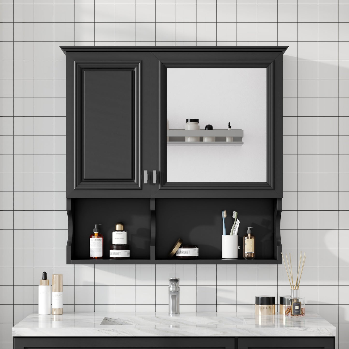 30 Inch Mirror Medicine Cabinet With Open Shelves