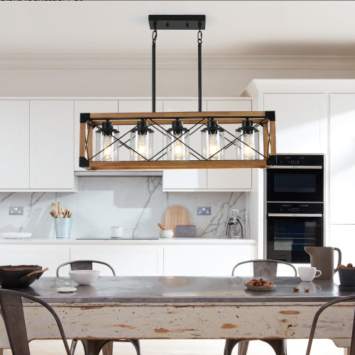 32 Inch Walnut Industrial Farmhouse Rectangle Pendant Light