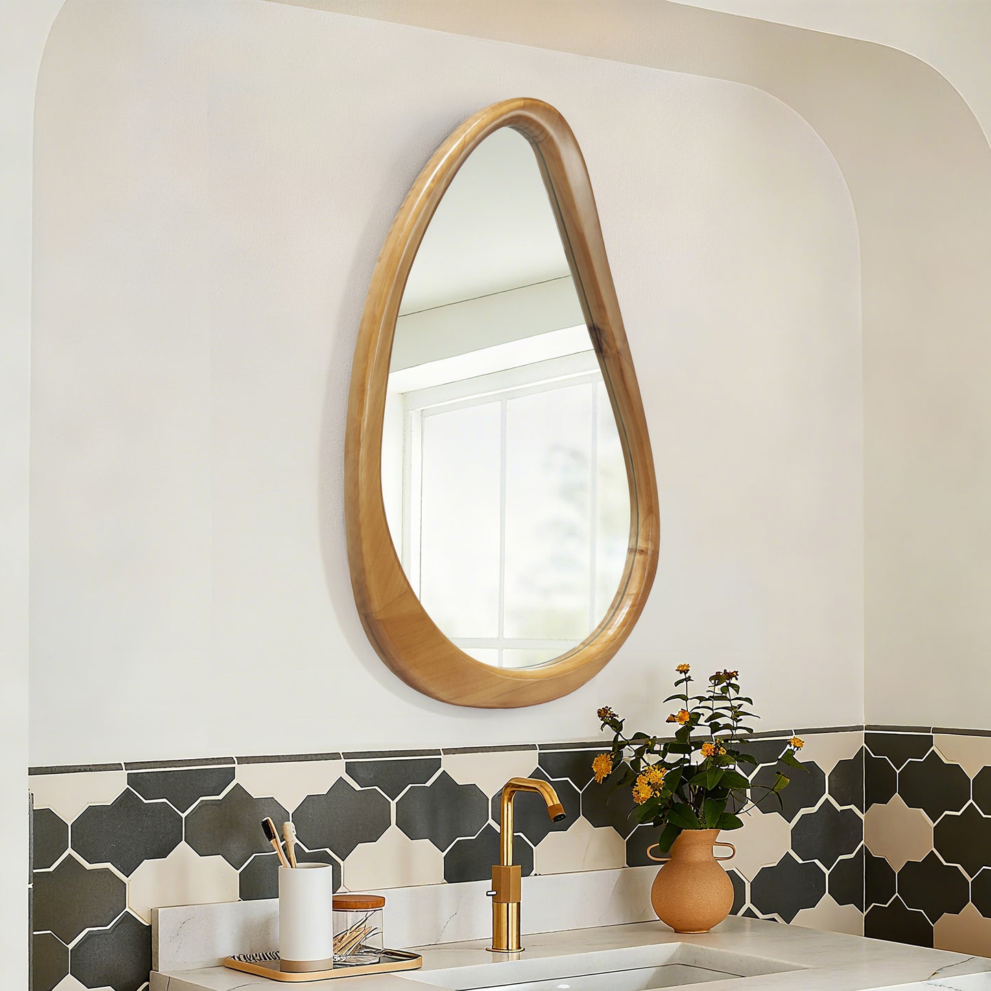 Modern Irregular Teardrop Wooden Wall Mirror, 29.92  X 20.08