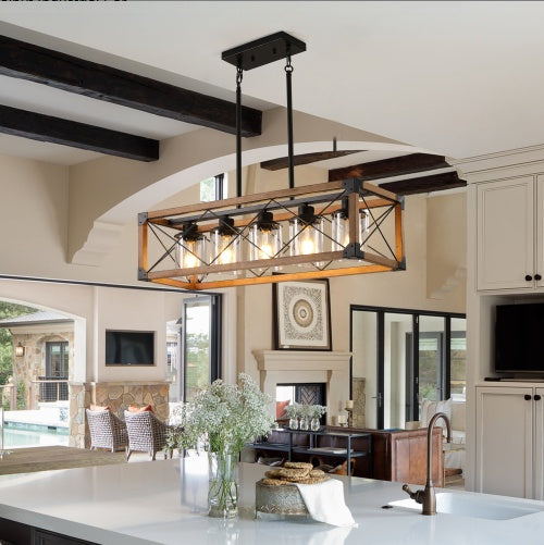 32 Inch Walnut Industrial Farmhouse Rectangle Pendant Light