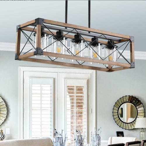 32 Inch Walnut Industrial Farmhouse Rectangle Pendant Light