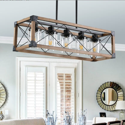32 Inch Walnut Industrial Farmhouse Rectangle Pendant Light