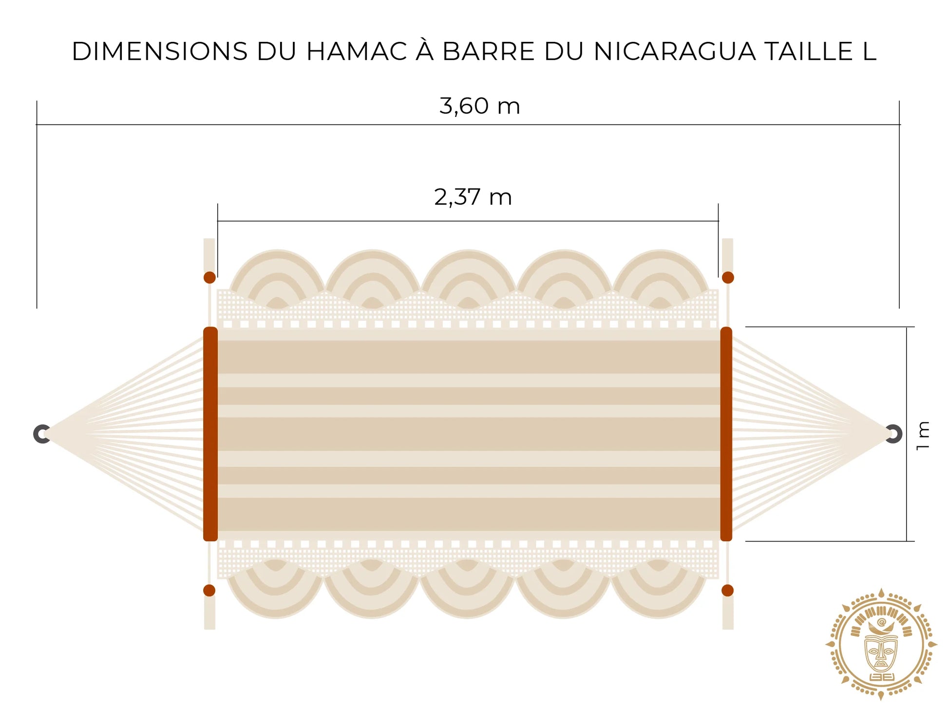 Dessin d'un hamac à barre du Nicaragua fait main L avec mesures détaillées plusieurs couleurs