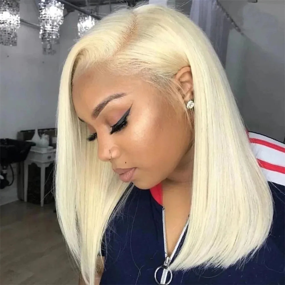 Perruques courtes blond platine en cheveux véritables brésiliens 13x4