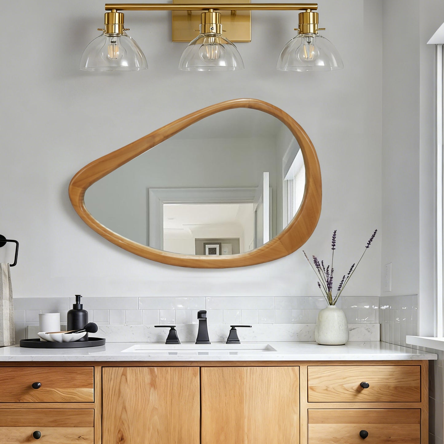 Modern Irregular Teardrop Wooden Wall Mirror, 29.92  X 20.08