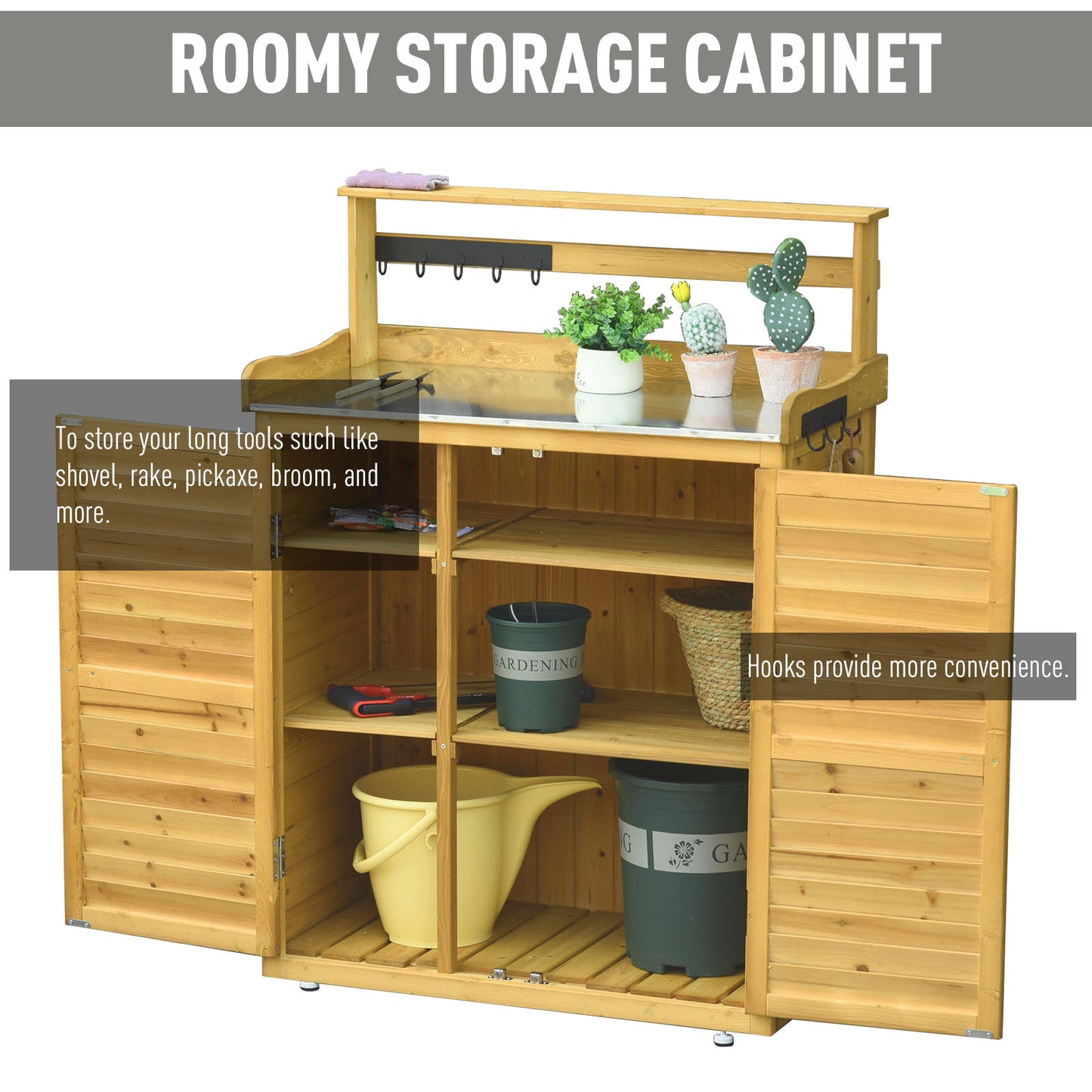 Backyard Garden Tool Storage Shed, Outdoor Storage & Potting Bench With 2 Magnetic Close Doors & Large Interior Storage Space