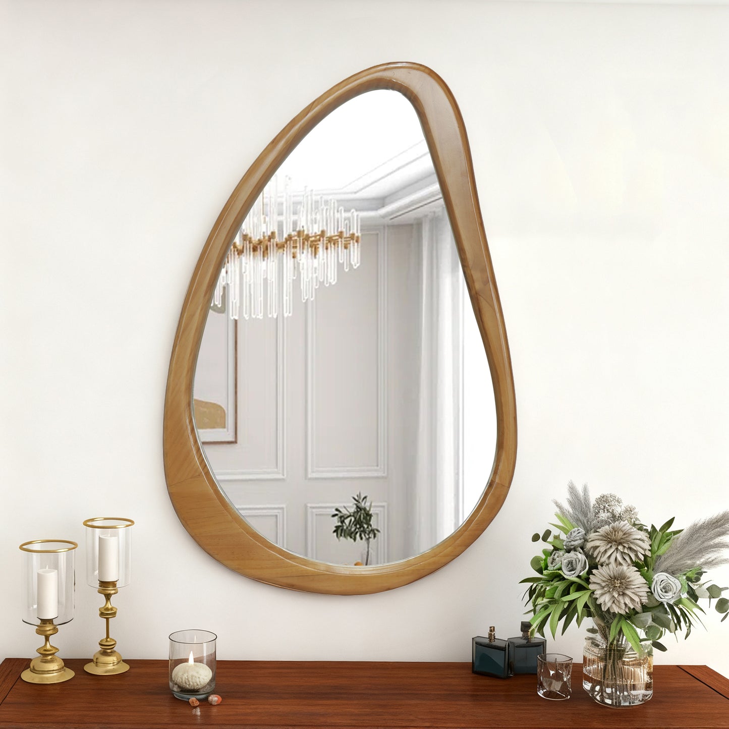 Modern Irregular Teardrop Wooden Wall Mirror, 29.92  X 20.08