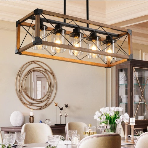 32 Inch Walnut Industrial Farmhouse Rectangle Pendant Light